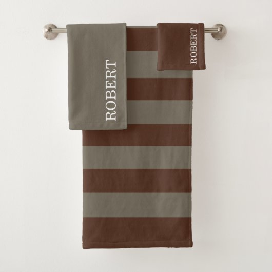 Elegant Gray &Brown Strips Pattern Custom Name Bad Handdoek (Insitu)