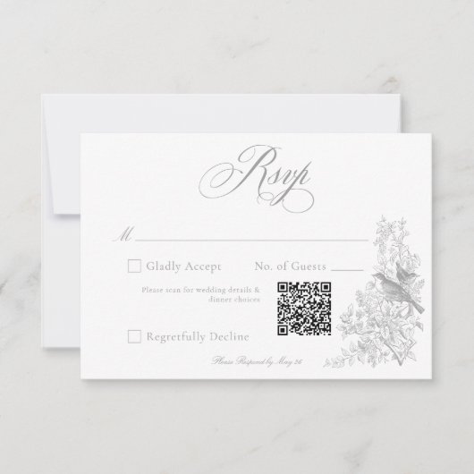 Elegant Gray Chinoiserie Nature & Birds Wedding QR RSVP Kaartje (Voorkant)