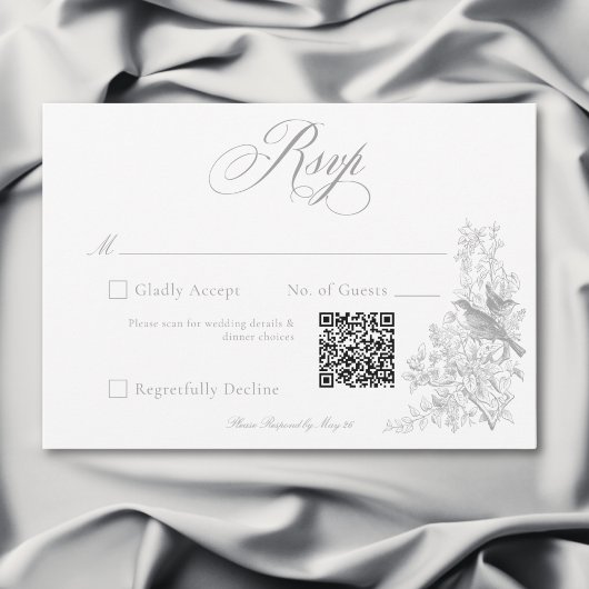 Elegant Gray Chinoiserie Nature & Birds Wedding QR RSVP Kaartje