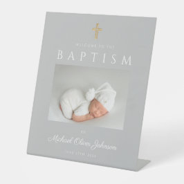 Elegant Gray Cross Photo Boy Baptism Welkom Reclamebord Met Voetstuk