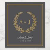 Elegant Gray Floral Crest Monogram Wedding Wijn Etiket (Enkel label)