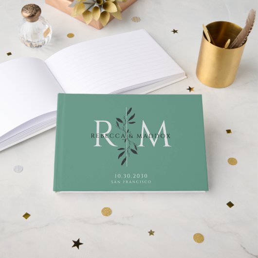Elegant Gray Green Botanical Monogram Wedding Gastenboek (Voorkant open)