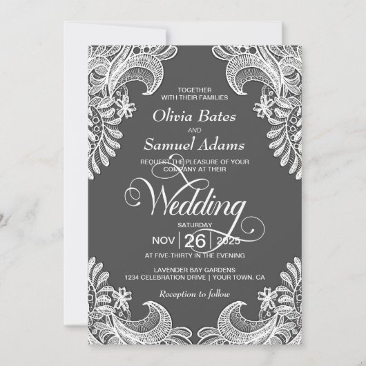 Elegant Gray Lace Wedding Kaart (Voorkant)
