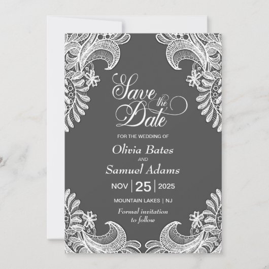 Elegant Gray Lace Wedding Save The Date (Voorkant)