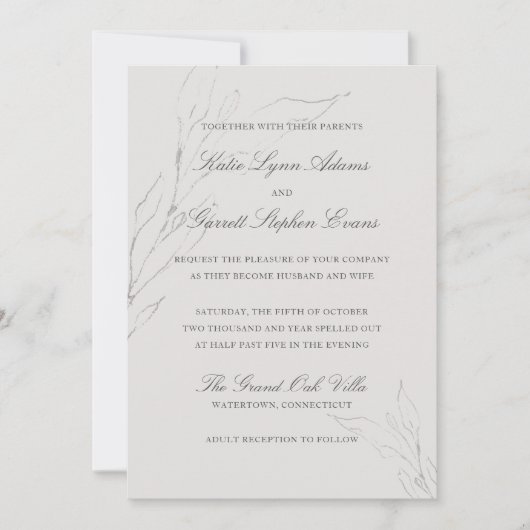 Elegant Gray Pencil ketting Leaves Wedding Kaart (Voorkant)