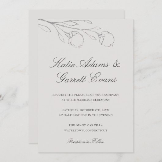 Elegant Gray Pencil Schetch Flowers Weddenschap Kaart (Voorkant / Achterkant)