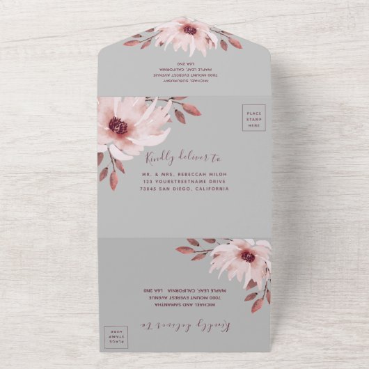 Elegant Gray Pink Rusty Waterverf Floral Wedding All In One Uitnodiging (Buitenkant)