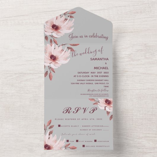 Elegant Gray Pink Rusty Waterverf Floral Wedding All In One Uitnodiging (Binnen)