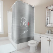 Elegant Gray Red Rose Aangepaste monogram naam Douchegordijn (In situ)