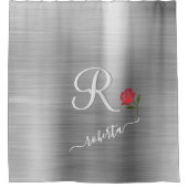 Elegant Gray Red Rose Aangepaste monogram naam Douchegordijn (Voorkant)