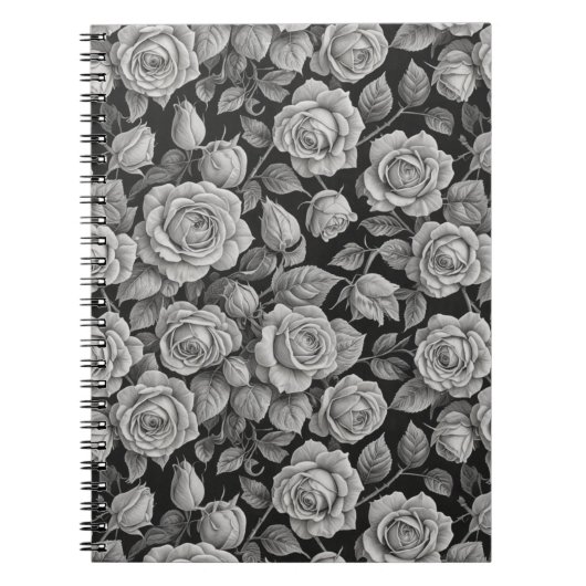 Elegant Gray Roses on Black Journal – Moody Floral Notitieboek (Voorkant)