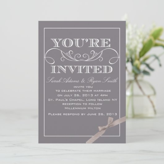 Elegant Gray Wedding Invitation for Ribbon Kaart (Staand voorkant)