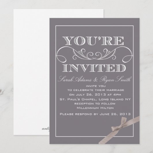 Elegant Gray Wedding Invitation for Ribbon Kaart (Voorkant / Achterkant)
