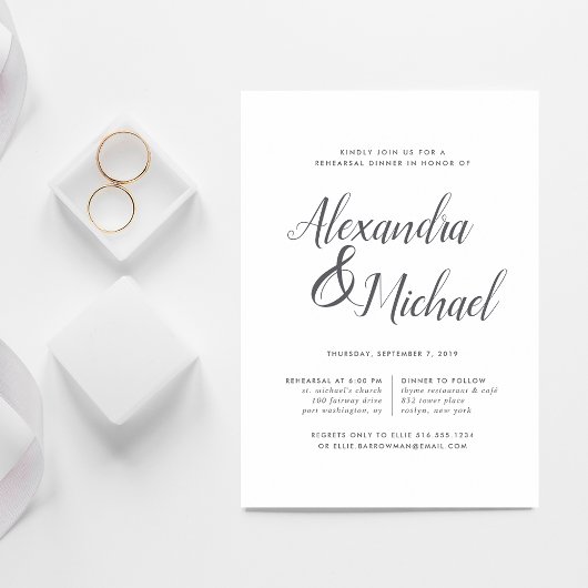 Elegant Gray & White Calligraphy Rehearsal Dinner Kaart