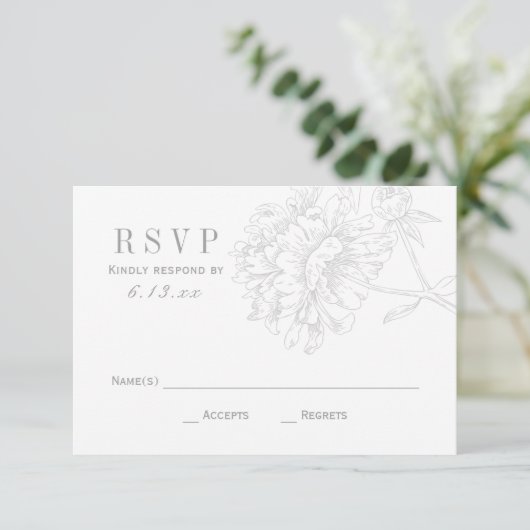 Elegant Gray White Floral Peony Wedding RSVP Kaartje (Staand voorkant)