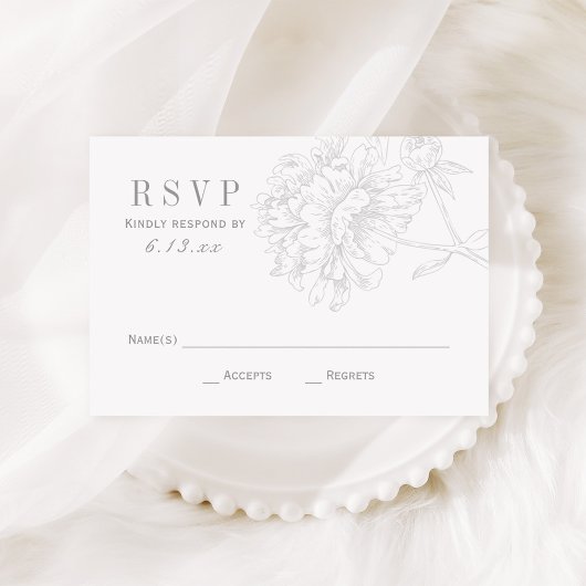 Elegant Gray White Floral Peony Wedding RSVP Kaartje