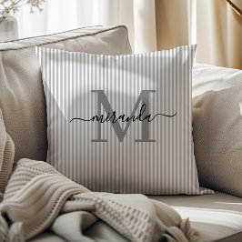 Elegant Gray & White Stripes Monogram Name Kussen