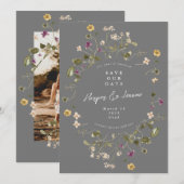 Elegant Gray Wildflower Pampas Floral Foto terug Save The Date (Voorkant / Achterkant)
