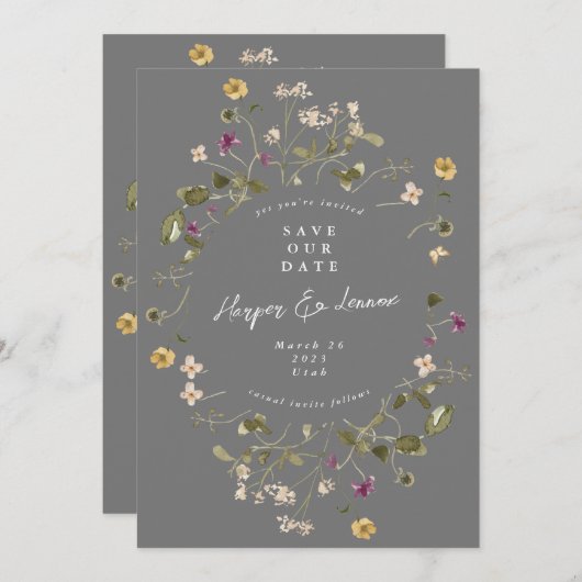 Elegant Gray Wildflower Pampas Floral Foto terug Save The Date (Voorkant / Achterkant)