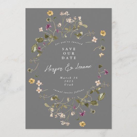 Elegant Gray Wildflower Pampas Floral Foto terug Save The Date (Voorkant)