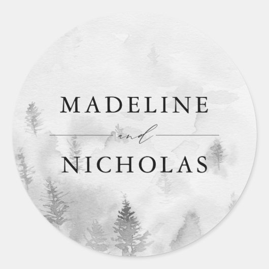 Elegant Gray Winter Forest Personalized Wedding Ronde Sticker (Voorkant)