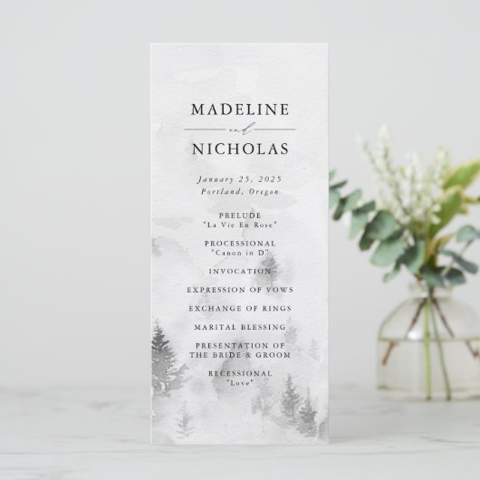 Elegant Gray Winter Forest Wedding Ceremony Programmakaart (Staand voorkant)