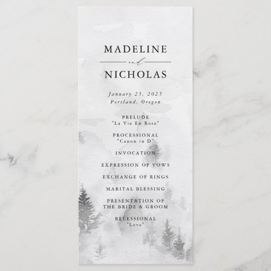 Elegant Gray Winter Forest Wedding Ceremony Programmakaart (Voorkant)