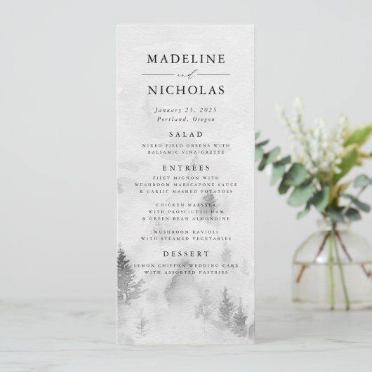 Elegant Gray Winter Forest Wedding Menu (Staand voorkant)