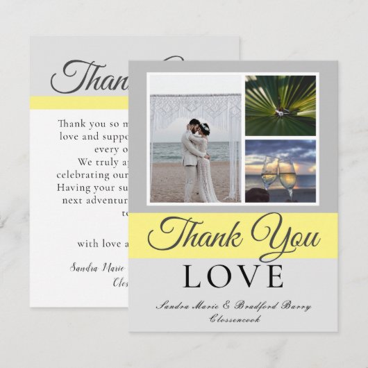 Elegant Gray Yellow Script Weduwfoto collage Bedankkaart (Voorkant / Achterkant)