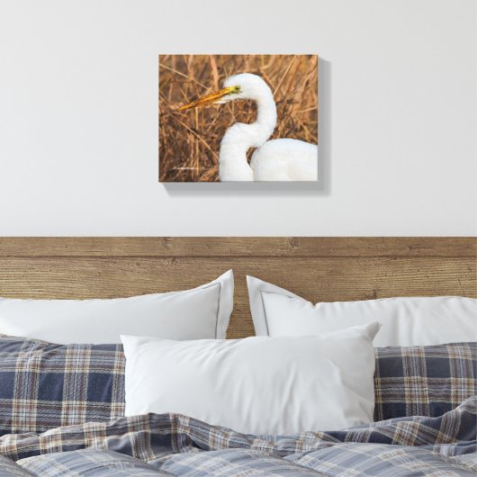 Elegant Great Egret in de Reeds Canvas Afdruk (Insitu (Slaapkamer))