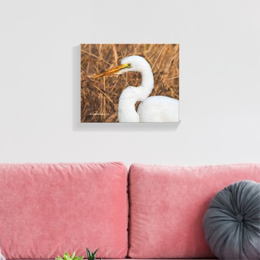 Elegant Great Egret in de Reeds Canvas Afdruk (Insitu (Woonkamer))