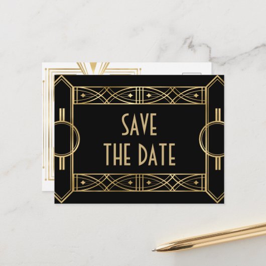Elegant Great Gatsby Art Deco Save the Dates Aankondigingskaart (Voorkant / Achterkant in situ)