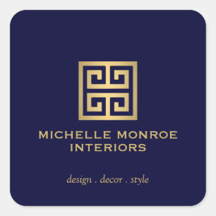 Elegant Greek Key Designer Logo Gold/donkerblauw Vierkante Sticker