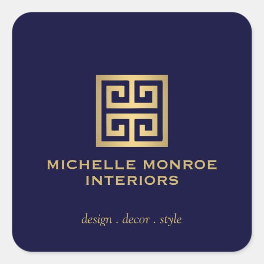 Elegant Greek Key Designer Logo Gold/donkerblauw Vierkante Sticker (Voorkant)