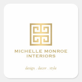 Elegant Greek Key Designer Logo Gold/White Vierkante Sticker
