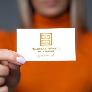 Elegant Greek Key Designer Logo Gold/White Visitekaartje