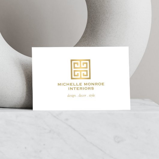 Elegant Greek Key Designer Logo Gold/White Visitekaartje