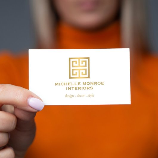 Elegant Greek Key Designer Logo Gold/White Visitekaartje