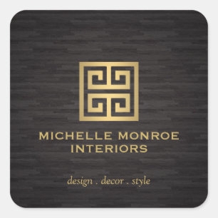 Elegant Greek Key Designer Logo Gold/Woodgrain Vierkante Sticker
