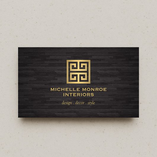Elegant Greek Key Designer Logo Gold/Woodgrain Visitekaartje