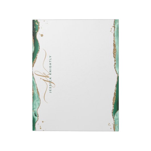 Elegant Green Agate Script Monogram Initialen Notitieblok (Linkerzijde)