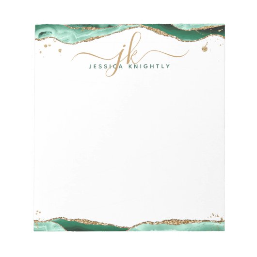 Elegant Green Agate Script Monogram Initialen Notitieblok (Voorkant)