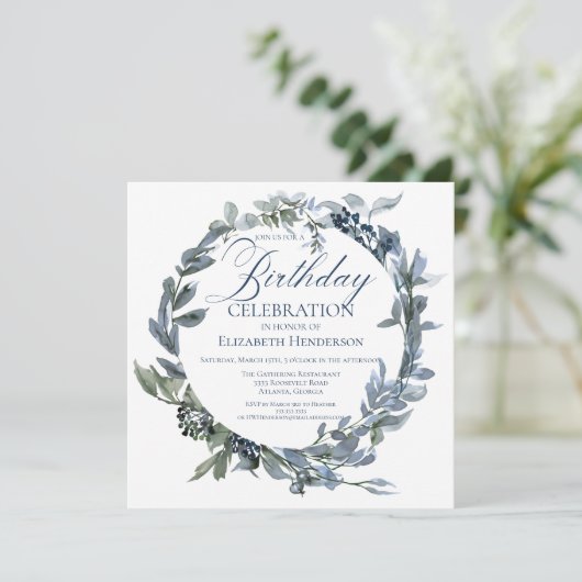 Elegant Green and Blue Floral Birthday Invitation (Staand voorkant)