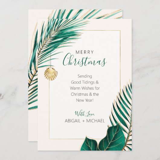 Elegant Green and Gold Beach Tropical Kerstmis Feestdagenkaart (Voorkant / Achterkant)