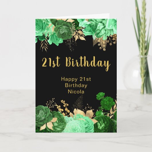 Elegant Green and Gold Flowers Birthday Party Kaart (Voorkant)