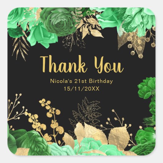 Elegant Green and Gold Flowers Birthday Party  Vierkante Sticker (Voorkant)