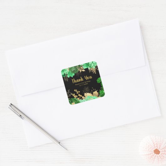 Elegant Green and Gold Flowers Birthday Party  Vierkante Sticker (Envelop)