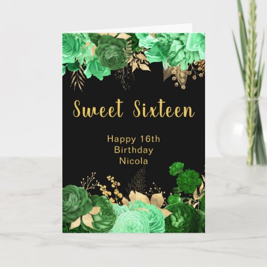Elegant Green and Gold Flowers Sweet Sixteen Kaart (Voorkant)