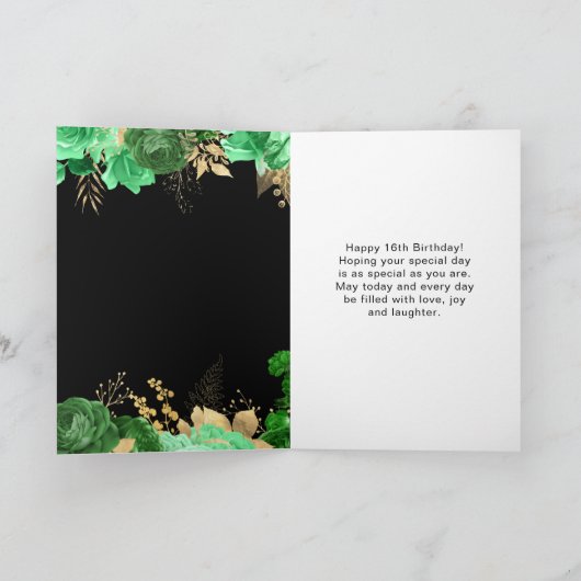 Elegant Green and Gold Flowers Sweet Sixteen Kaart (Binnen)