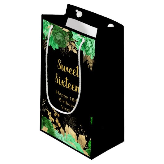 Elegant Green and Gold Flowers Sweet Sixteen Klein Cadeauzakje (Voorkant Gekanteld)